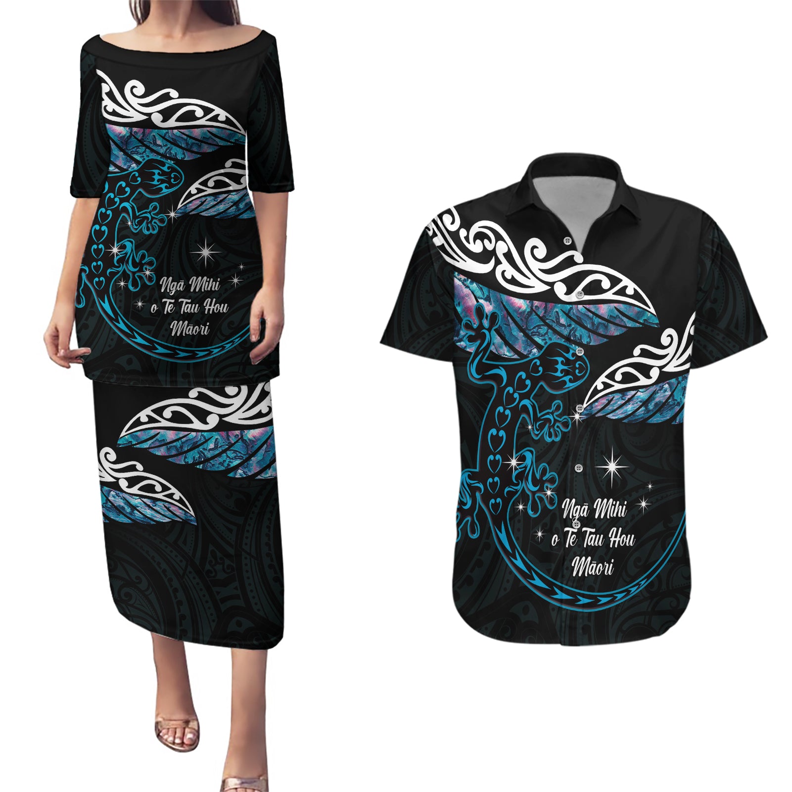 New Zealand Matariki Couples Matching Puletasi and Hawaiian Shirt Maori New Year Silver Fern And Lizard - Turquosie