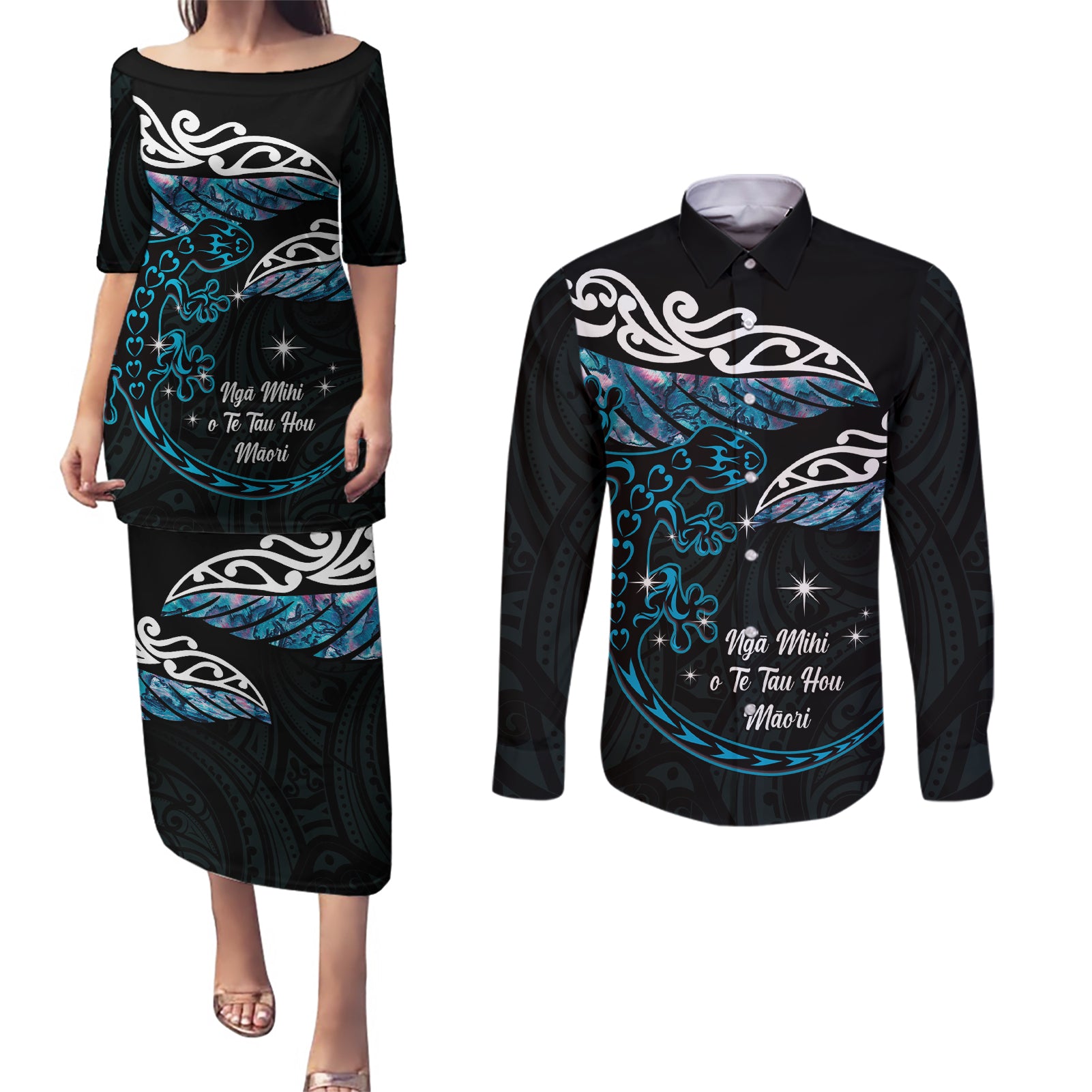 New Zealand Matariki Couples Matching Puletasi and Long Sleeve Button Shirt Maori New Year Silver Fern And Lizard - Turquosie