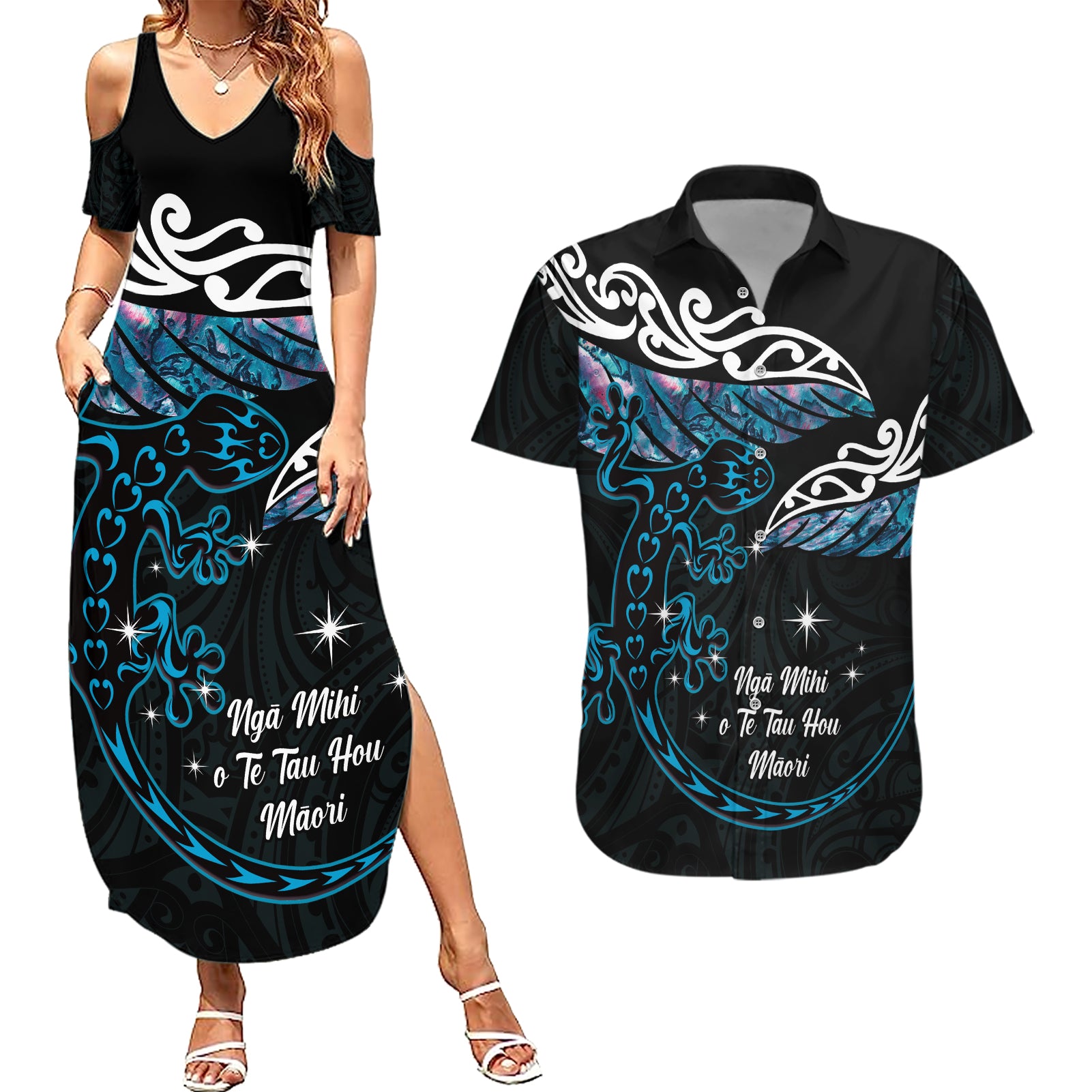 New Zealand Matariki Couples Matching Summer Maxi Dress and Hawaiian Shirt Maori New Year Silver Fern And Lizard - Turquosie