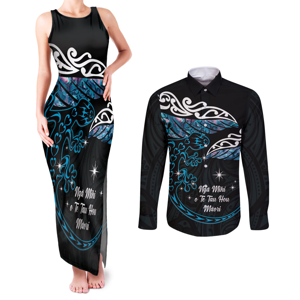 New Zealand Matariki Couples Matching Tank Maxi Dress and Long Sleeve Button Shirt Maori New Year Silver Fern And Lizard - Turquosie