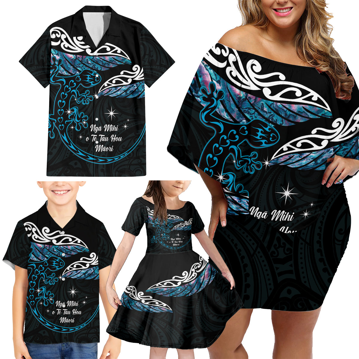 New Zealand Matariki Family Matching Off Shoulder Short Dress and Hawaiian Shirt Maori New Year Silver Fern And Lizard - Turquosie