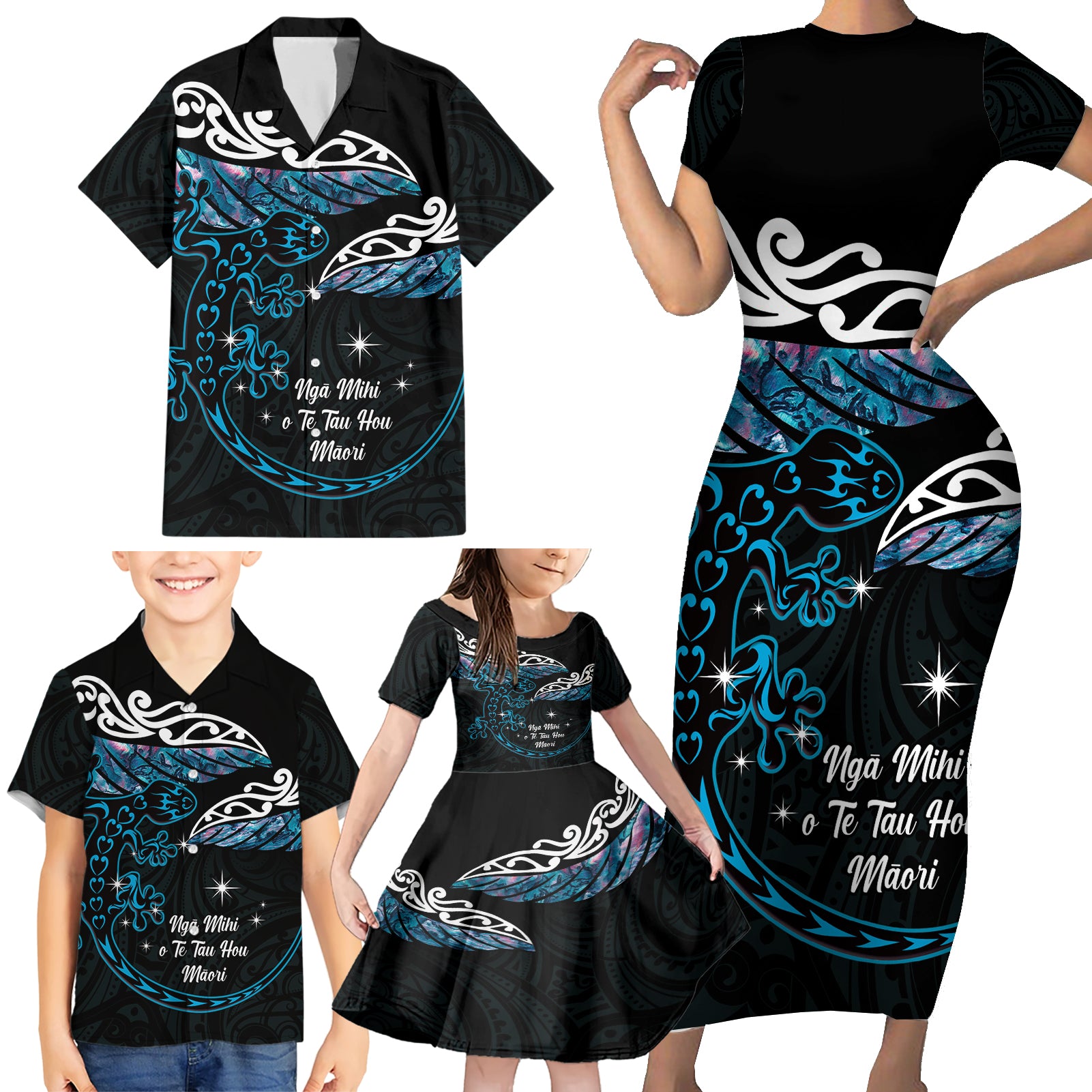 New Zealand Matariki Family Matching Short Sleeve Bodycon Dress and Hawaiian Shirt Maori New Year Silver Fern And Lizard - Turquosie