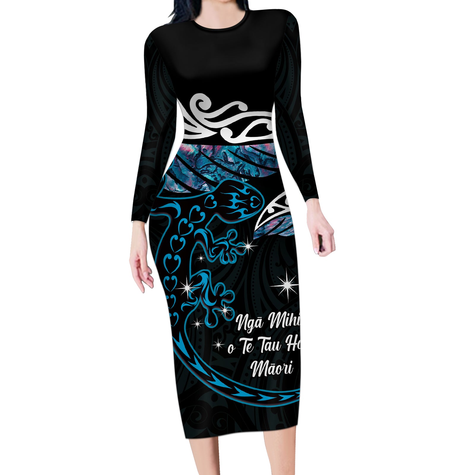 New Zealand Matariki Long Sleeve Bodycon Dress Maori New Year Silver Fern And Lizard - Turquosie