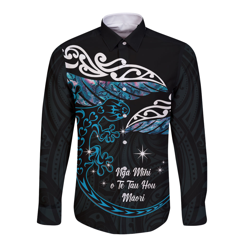 New Zealand Matariki Long Sleeve Button Shirt Maori New Year Silver Fern And Lizard - Turquosie