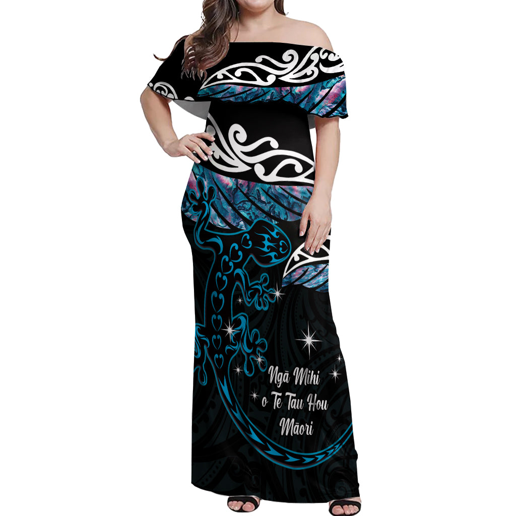 New Zealand Matariki Off Shoulder Maxi Dress Maori New Year Silver Fern And Lizard - Turquosie