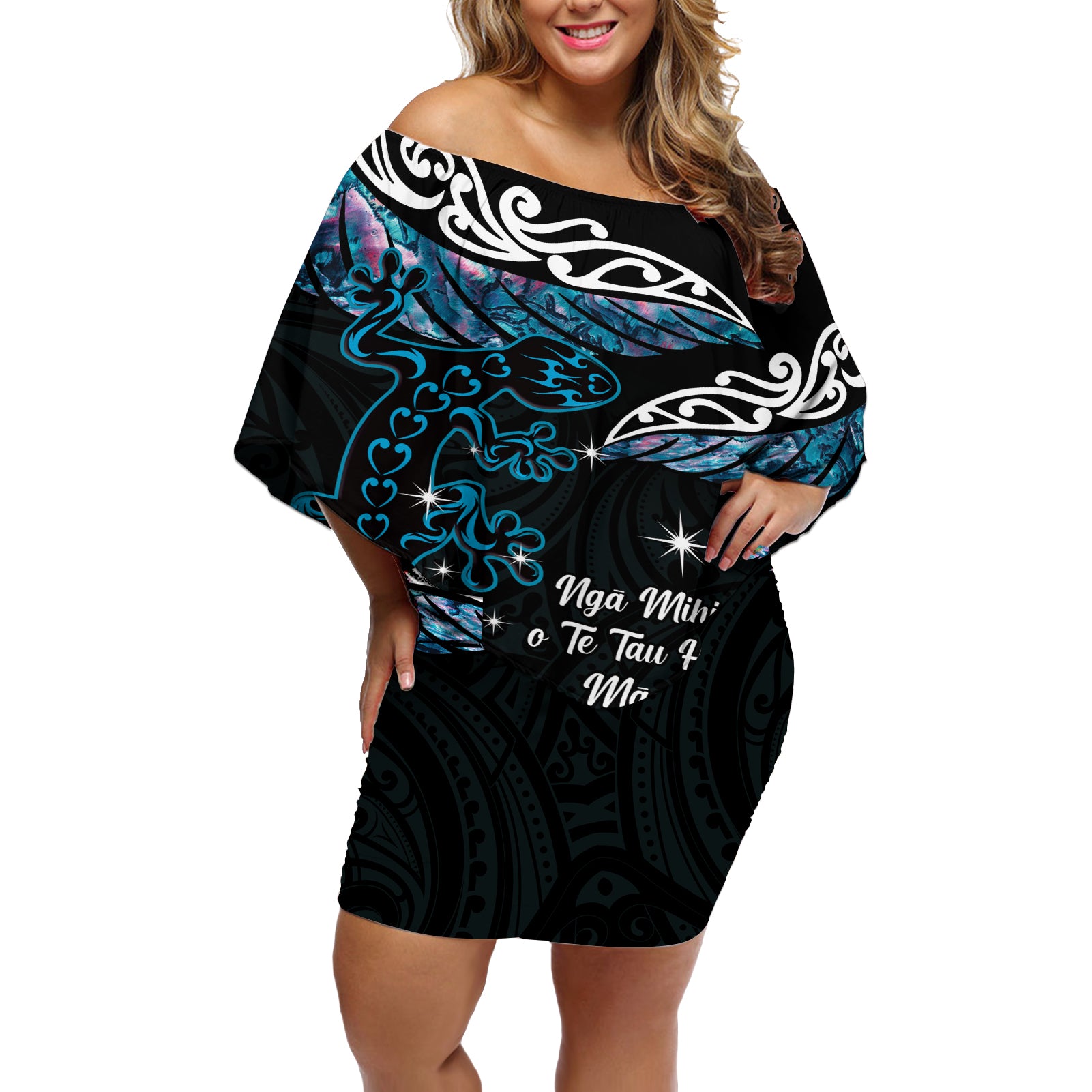 New Zealand Matariki Off Shoulder Short Dress Maori New Year Silver Fern And Lizard - Turquosie