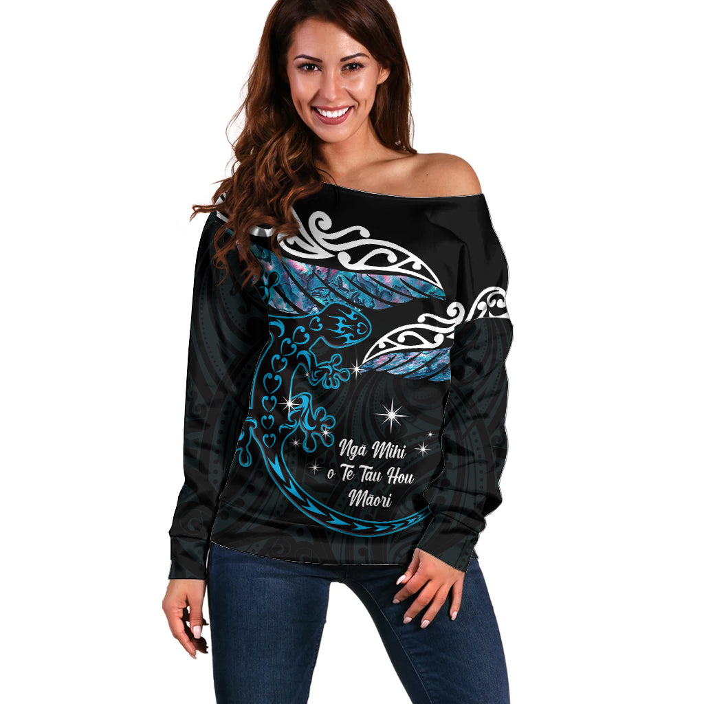 New Zealand Matariki Off Shoulder Sweater Maori New Year Silver Fern And Lizard - Turquosie