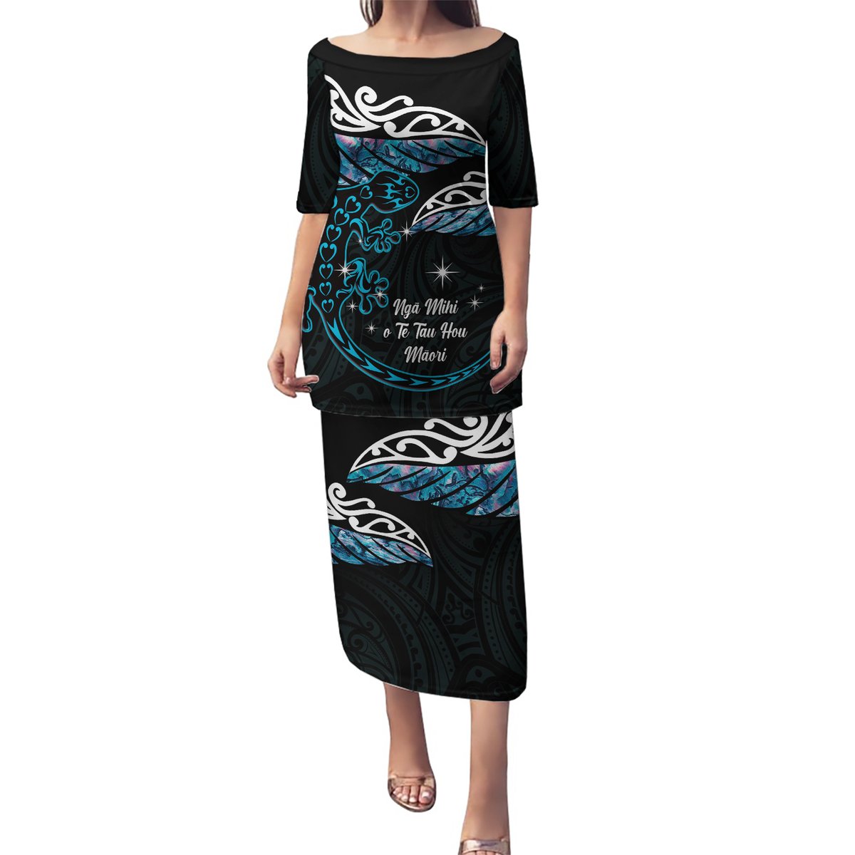 New Zealand Matariki Puletasi Maori New Year Silver Fern And Lizard - Turquosie LT14 Long Dress Turquoise - Polynesian Pride
