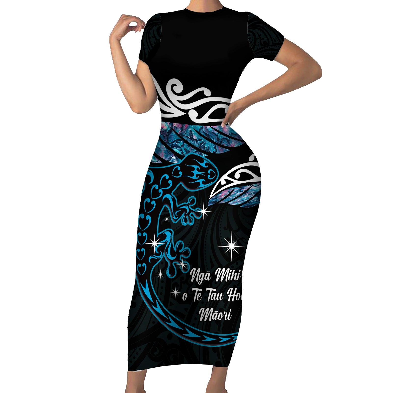 New Zealand Matariki Short Sleeve Bodycon Dress Maori New Year Silver Fern And Lizard - Turquosie