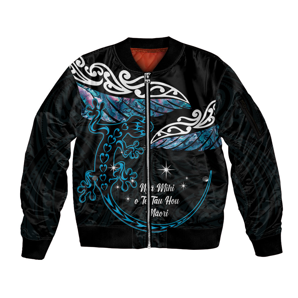 New Zealand Matariki Sleeve Zip Bomber Jacket Maori New Year Silver Fern And Lizard - Turquosie LT14 Unisex Turquoise - Polynesian Pride