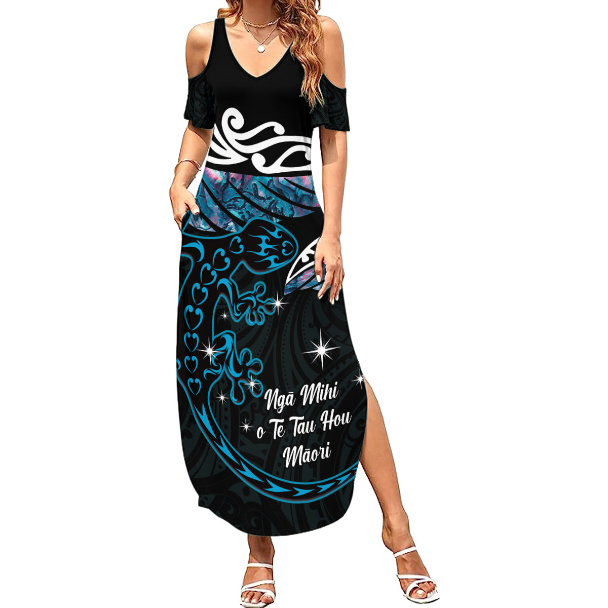 New Zealand Matariki Summer Maxi Dress Maori New Year Silver Fern And Lizard - Turquosie