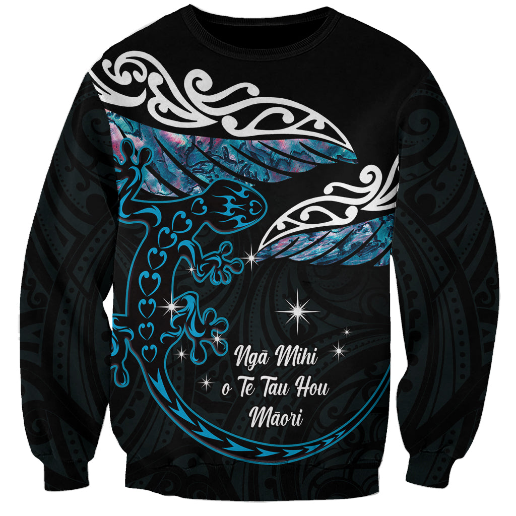 New Zealand Matariki Sweatshirt Maori New Year Silver Fern And Lizard - Turquosie