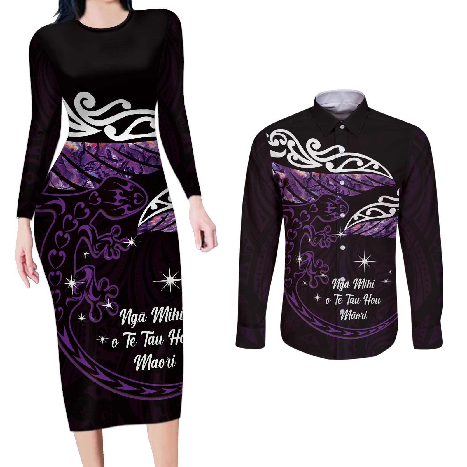 New Zealand Matariki Couples Matching Long Sleeve Bodycon Dress and Long Sleeve Button Shirt Maori New Year Silver Fern And Lizard - Purple