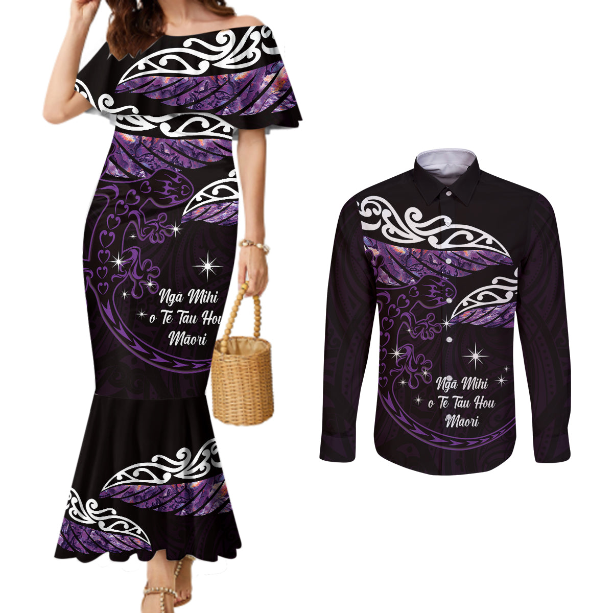 New Zealand Matariki Couples Matching Mermaid Dress and Long Sleeve Button Shirt Maori New Year Silver Fern And Lizard - Purple