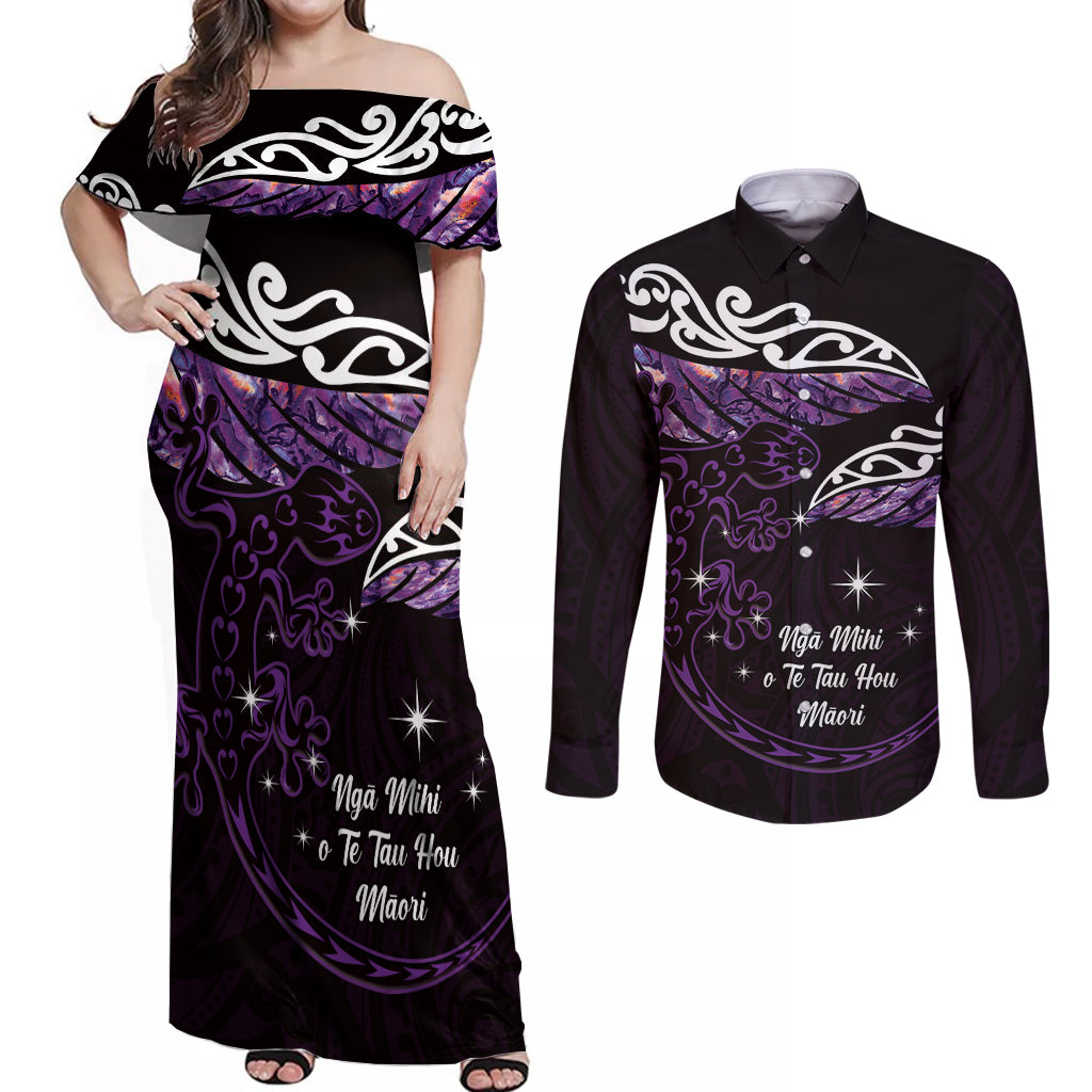 New Zealand Matariki Couples Matching Off Shoulder Maxi Dress and Long Sleeve Button Shirt Maori New Year Silver Fern And Lizard - Purple