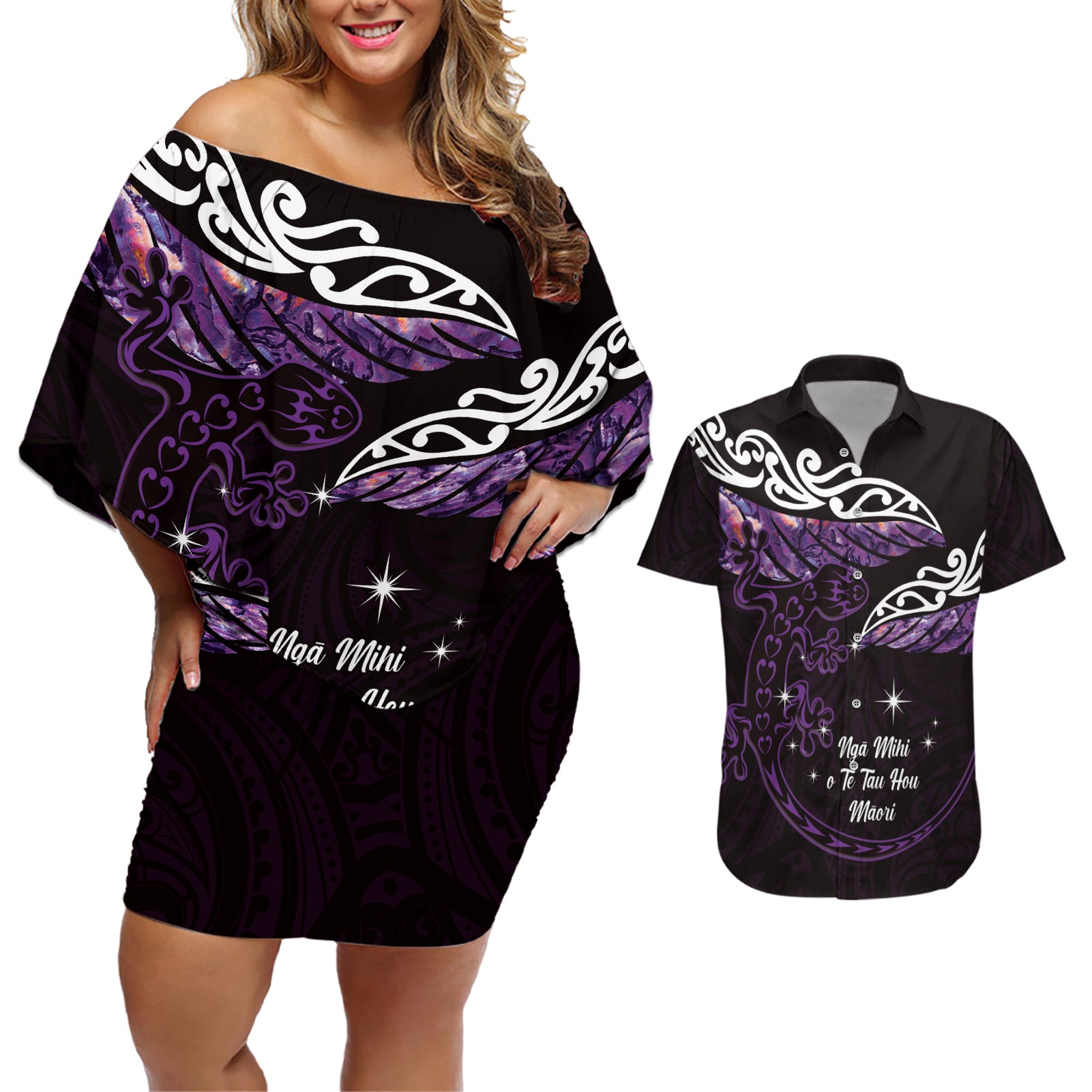 New Zealand Matariki Couples Matching Off Shoulder Short Dress and Hawaiian Shirt Maori New Year Silver Fern And Lizard - Purple