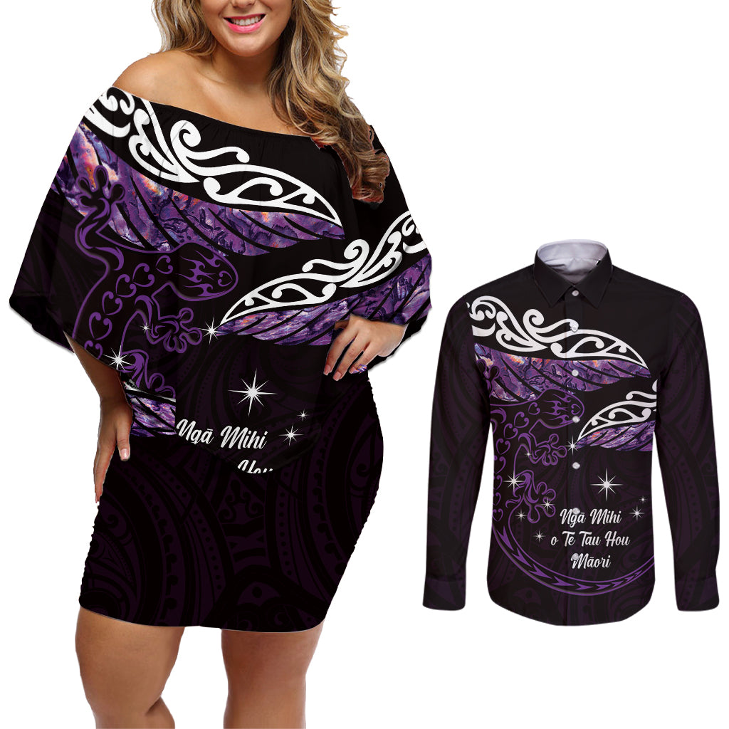 New Zealand Matariki Couples Matching Off Shoulder Short Dress and Long Sleeve Button Shirt Maori New Year Silver Fern And Lizard - Purple