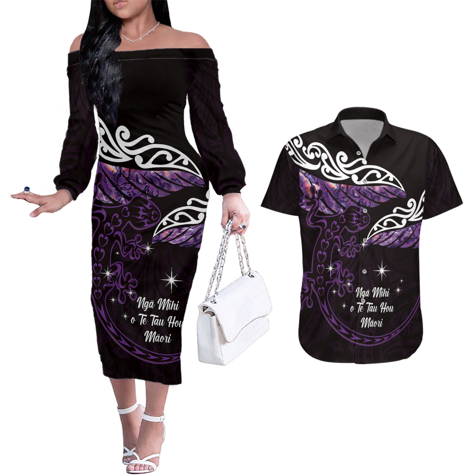 New Zealand Matariki Couples Matching Off The Shoulder Long Sleeve Dress and Hawaiian Shirt Maori New Year Silver Fern And Lizard - Purple