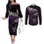 New Zealand Matariki Couples Matching Off The Shoulder Long Sleeve Dress and Long Sleeve Button Shirt Maori New Year Silver Fern And Lizard - Purple