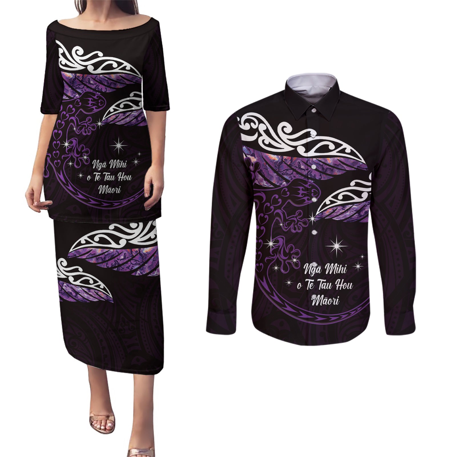 New Zealand Matariki Couples Matching Puletasi and Long Sleeve Button Shirt Maori New Year Silver Fern And Lizard - Purple