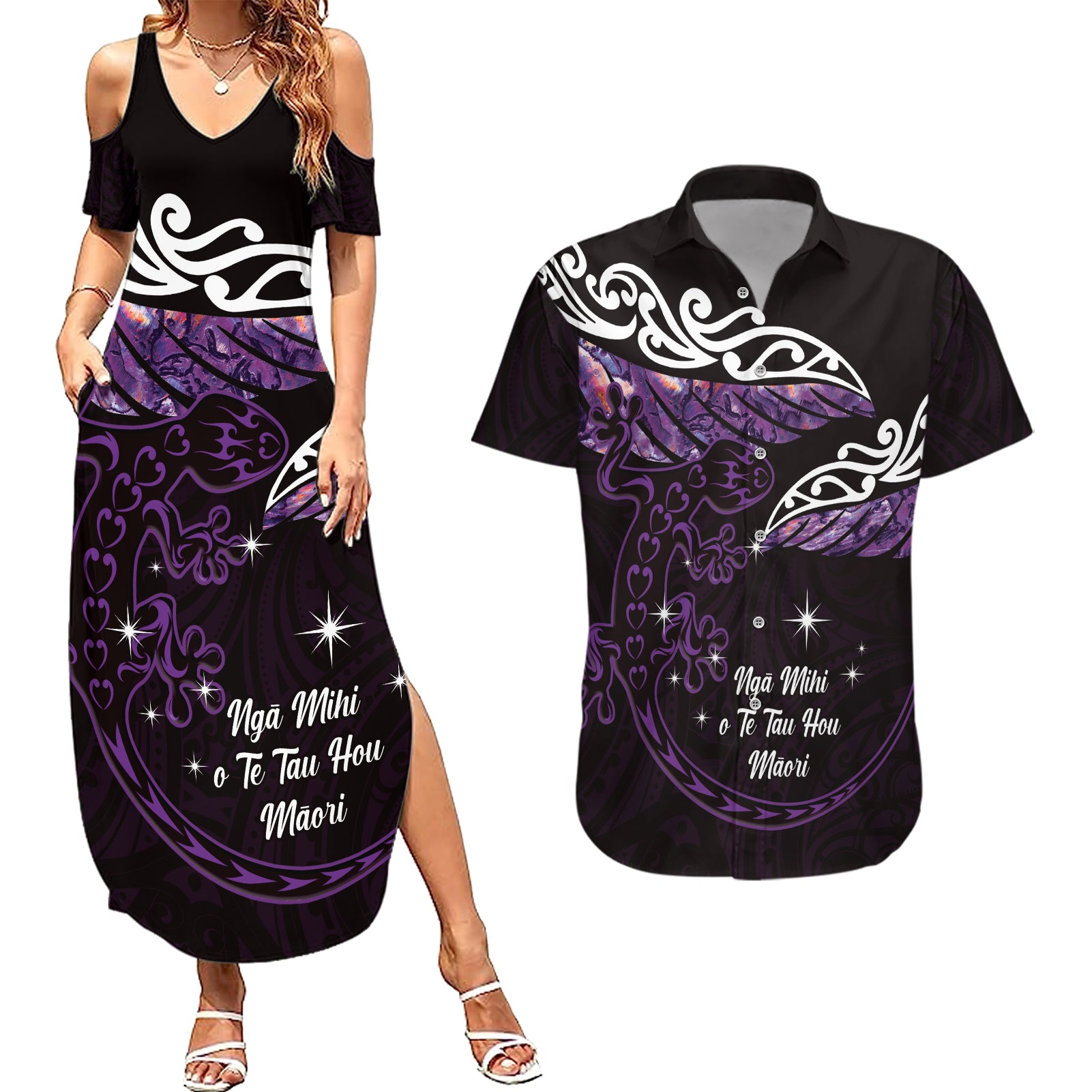 New Zealand Matariki Couples Matching Summer Maxi Dress and Hawaiian Shirt Maori New Year Silver Fern And Lizard - Purple