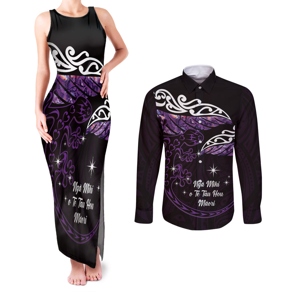 New Zealand Matariki Couples Matching Tank Maxi Dress and Long Sleeve Button Shirt Maori New Year Silver Fern And Lizard - Purple