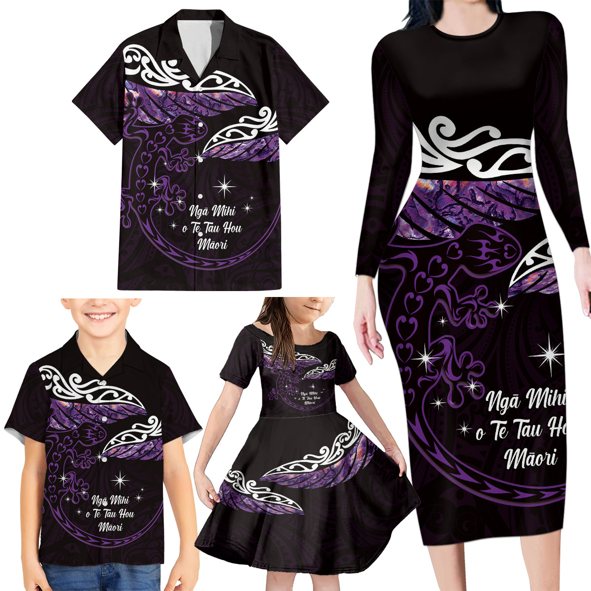 New Zealand Matariki Family Matching Long Sleeve Bodycon Dress and Hawaiian Shirt Maori New Year Silver Fern And Lizard - Purple