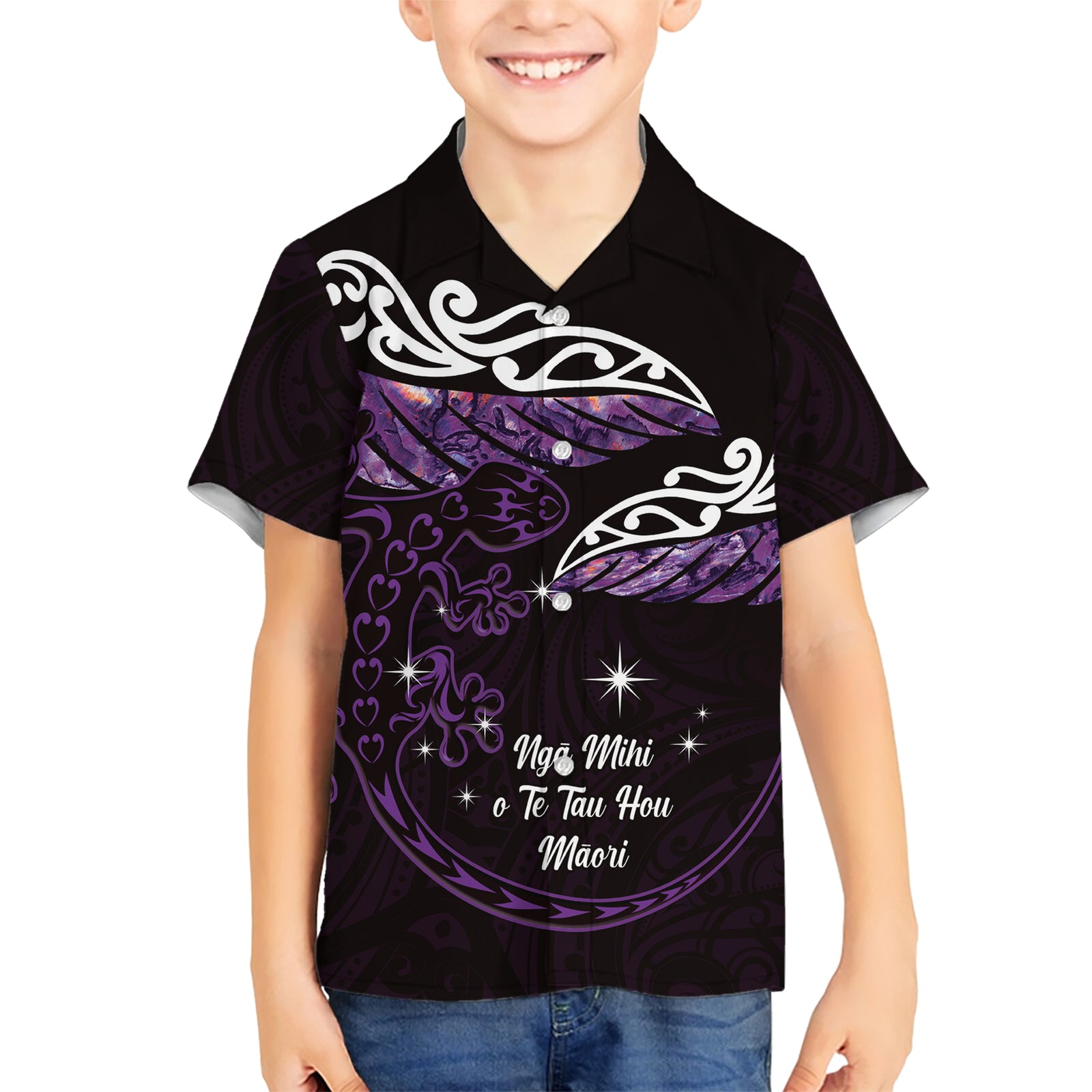 New Zealand Matariki Kid Hawaiian Shirt Maori New Year Silver Fern And Lizard - Purple LT14 Kid Purple - Polynesian Pride