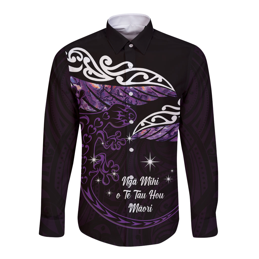 New Zealand Matariki Long Sleeve Button Shirt Maori New Year Silver Fern And Lizard - Purple LT14 Unisex Purple - Polynesian Pride
