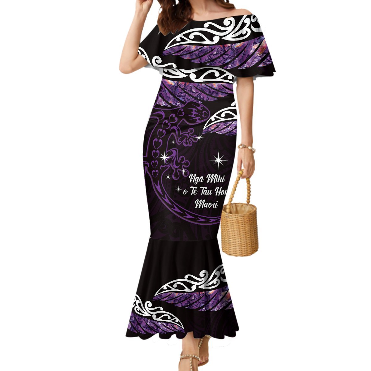 New Zealand Matariki Mermaid Dress Maori New Year Silver Fern And Lizard - Purple LT14 Women Purple - Polynesian Pride