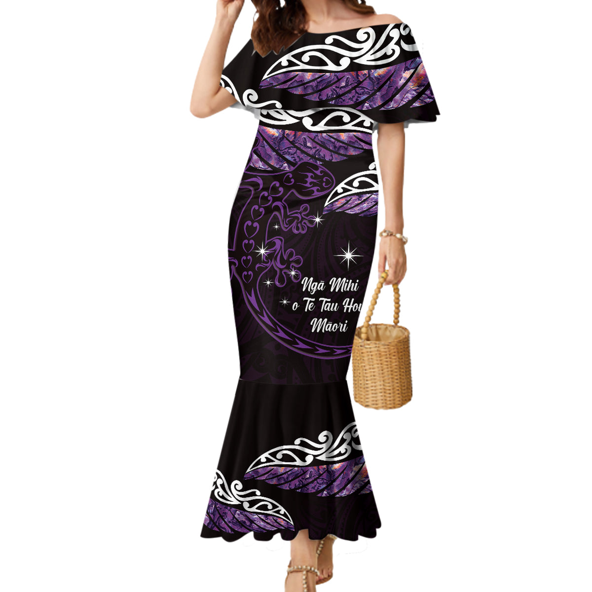 New Zealand Matariki Mermaid Dress Maori New Year Silver Fern And Lizard - Purple