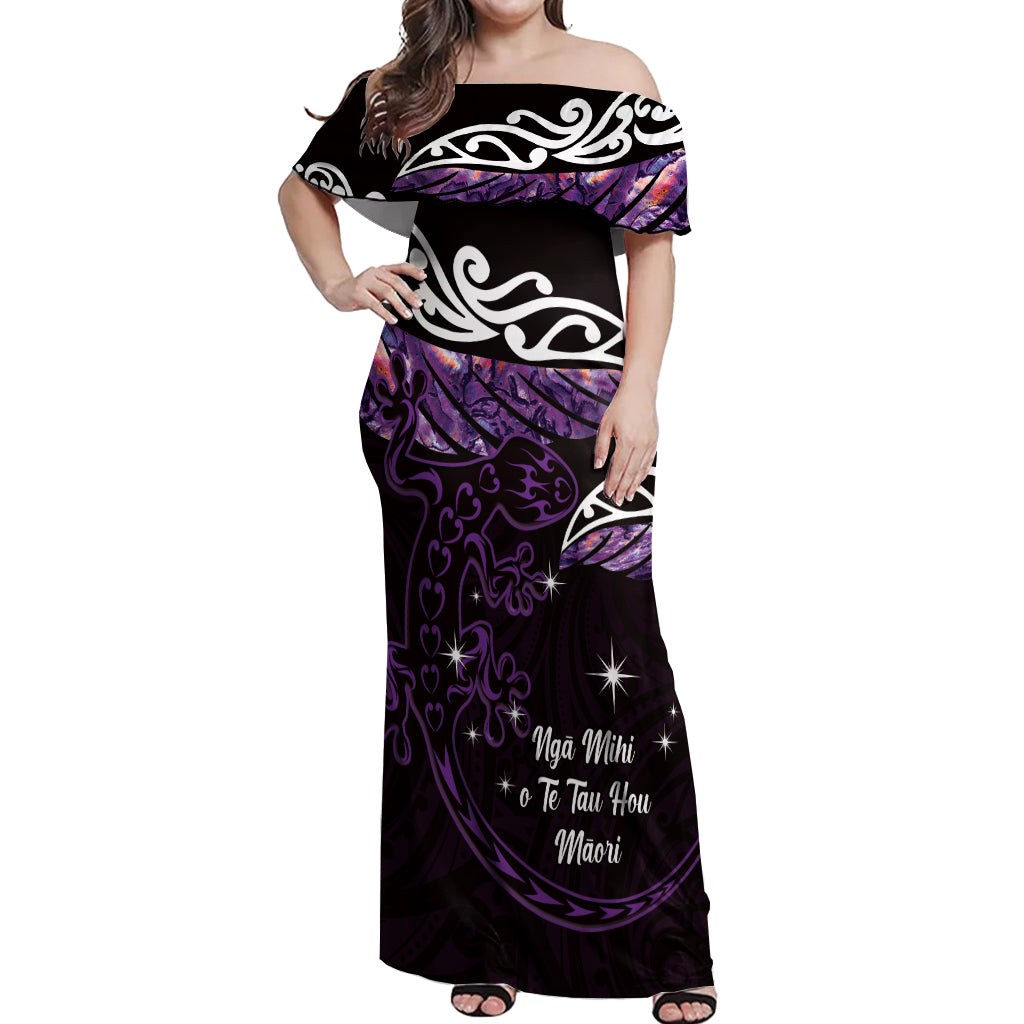 New Zealand Matariki Off Shoulder Maxi Dress Maori New Year Silver Fern And Lizard - Purple