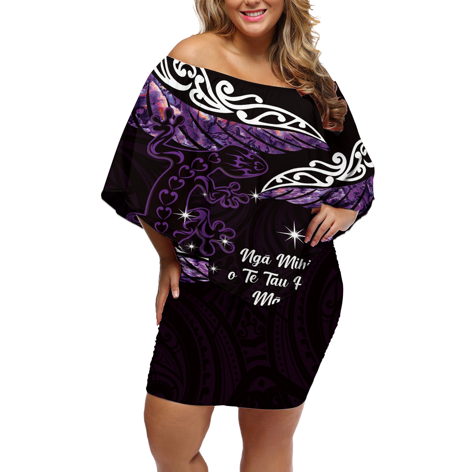 New Zealand Matariki Off Shoulder Short Dress Maori New Year Silver Fern And Lizard - Purple