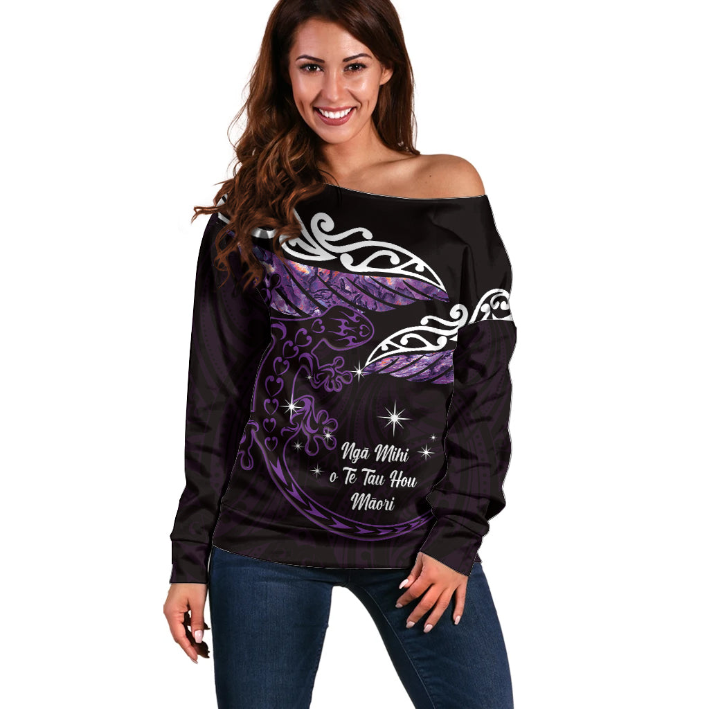 New Zealand Matariki Off Shoulder Sweater Maori New Year Silver Fern And Lizard - Purple