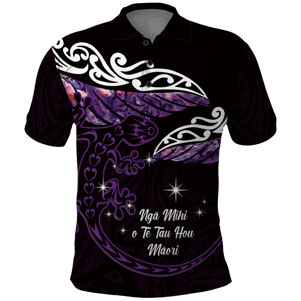 New Zealand Matariki Polo Shirt Maori New Year Silver Fern And Lizard - Purple