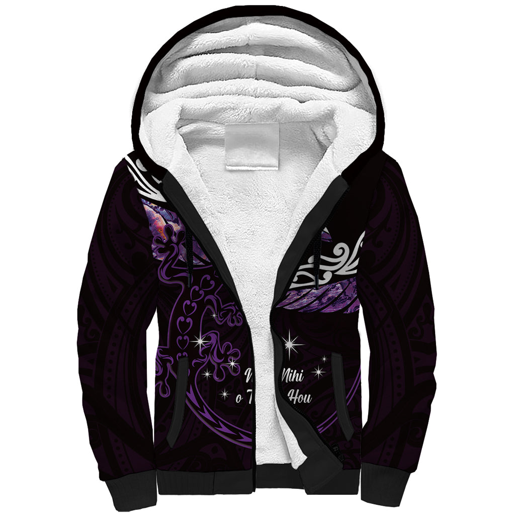 New Zealand Matariki Sherpa Hoodie Maori New Year Silver Fern And Lizard - Purple