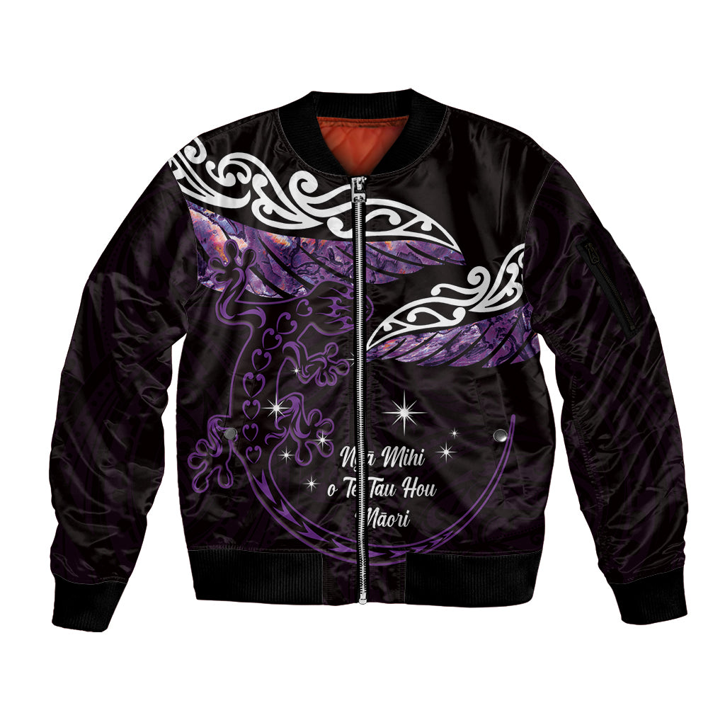 New Zealand Matariki Sleeve Zip Bomber Jacket Maori New Year Silver Fern And Lizard - Purple