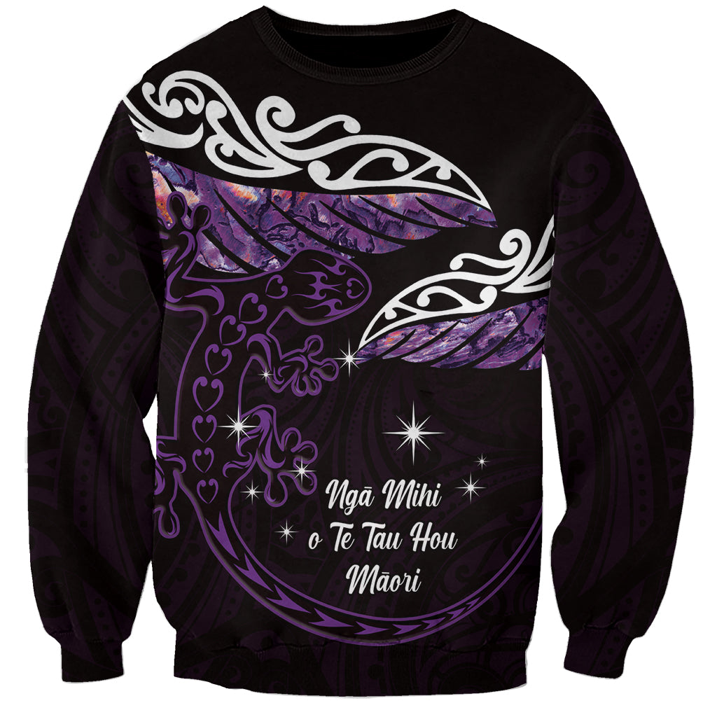 New Zealand Matariki Sweatshirt Maori New Year Silver Fern And Lizard - Purple