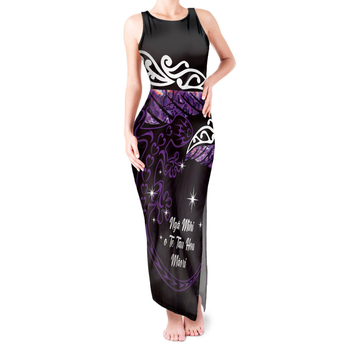 New Zealand Matariki Tank Maxi Dress Maori New Year Silver Fern And Lizard - Purple