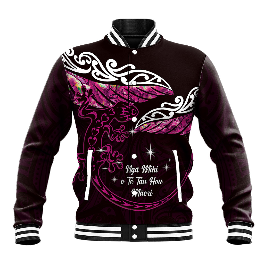 New Zealand Matariki Baseball Jacket Maori New Year Silver Fern And Lizard - Pink LT14 Unisex Pink - Polynesian Pride