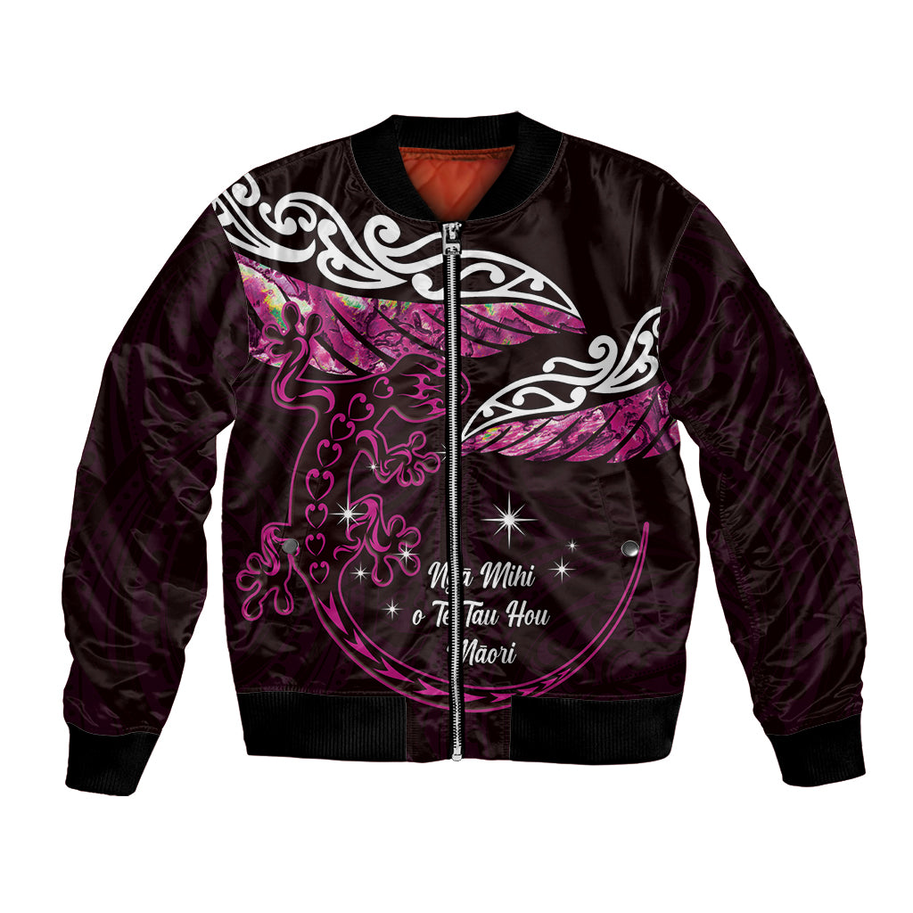 New Zealand Matariki Bomber Jacket Maori New Year Silver Fern And Lizard - Pink