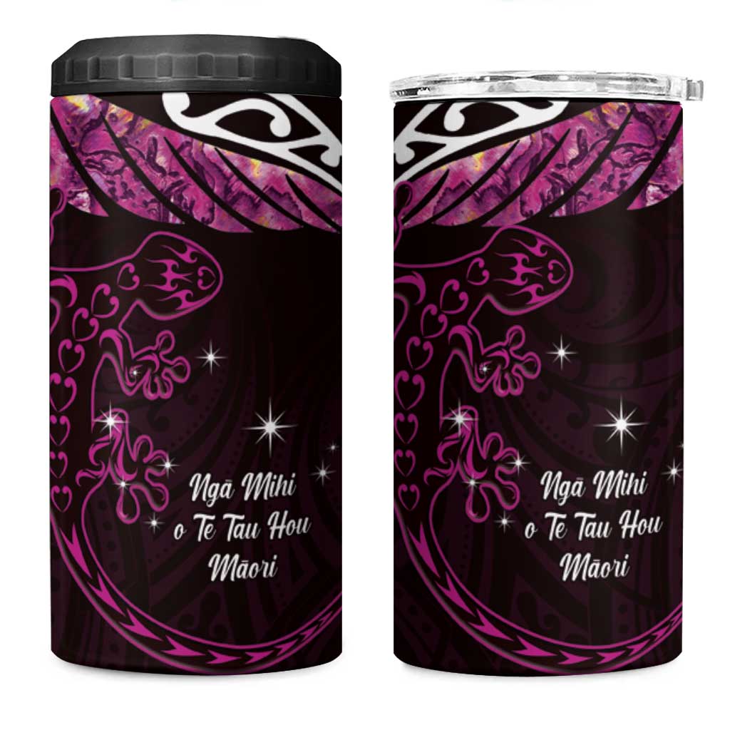 New Zealand Matariki 4 in 1 Can Cooler Tumbler Maori New Year Silver Fern And Lizard - Pink LT14 One Size: 16 oz Pink - Polynesian Pride