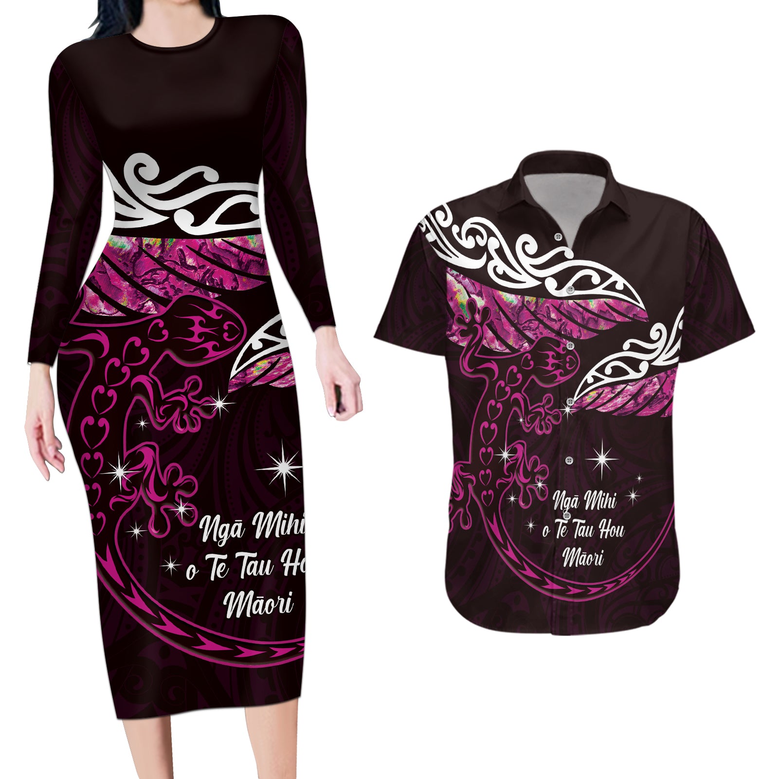 New Zealand Matariki Couples Matching Long Sleeve Bodycon Dress and Hawaiian Shirt Maori New Year Silver Fern And Lizard - Pink