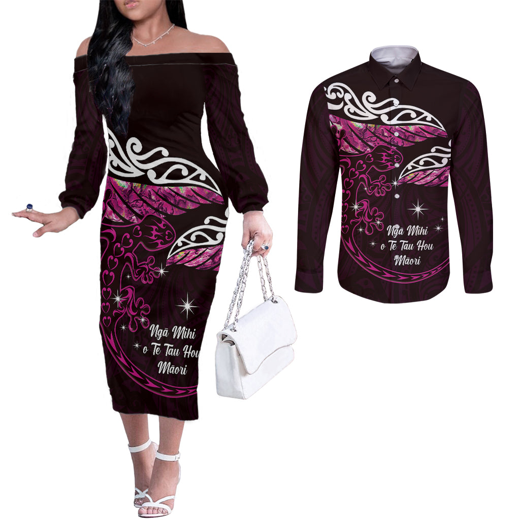 New Zealand Matariki Couples Matching Off The Shoulder Long Sleeve Dress and Long Sleeve Button Shirt Maori New Year Silver Fern And Lizard - Pink