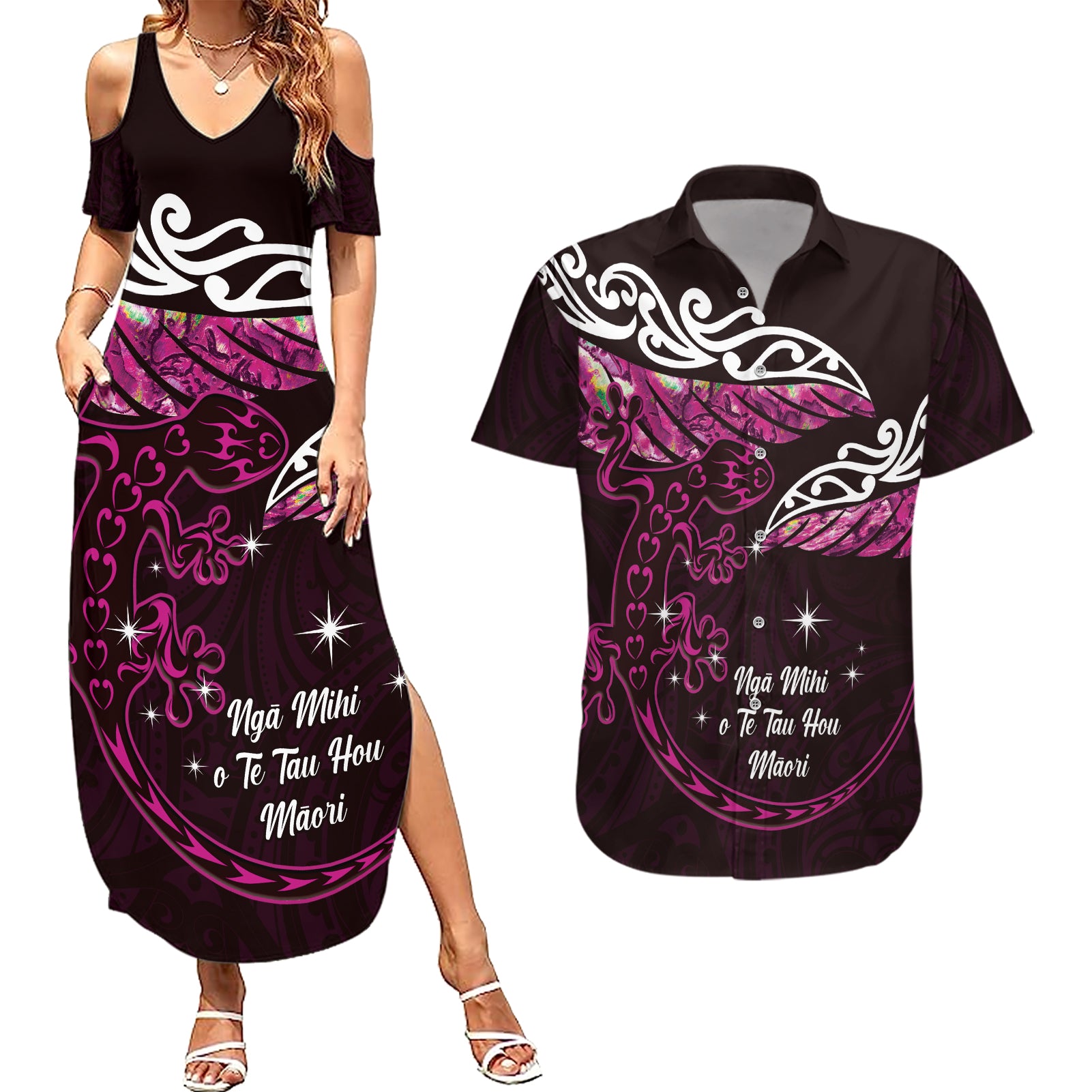 New Zealand Matariki Couples Matching Summer Maxi Dress and Hawaiian Shirt Maori New Year Silver Fern And Lizard - Pink