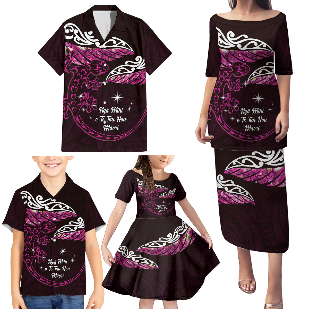 New Zealand Matariki Family Matching Puletasi and Hawaiian Shirt Maori New Year Silver Fern And Lizard - Pink