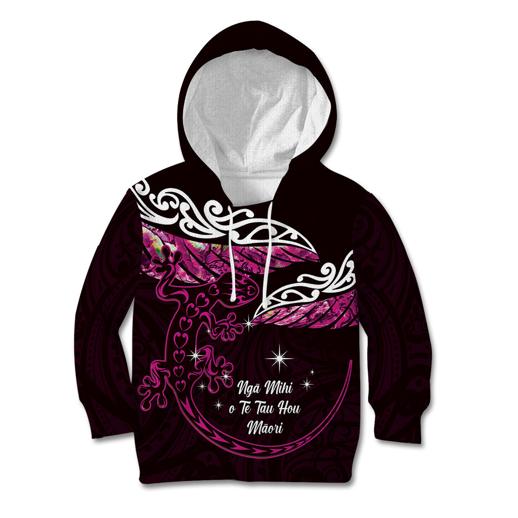 New Zealand Matariki Kid Hoodie Maori New Year Silver Fern And Lizard - Pink LT14 Hoodie Pink - Polynesian Pride