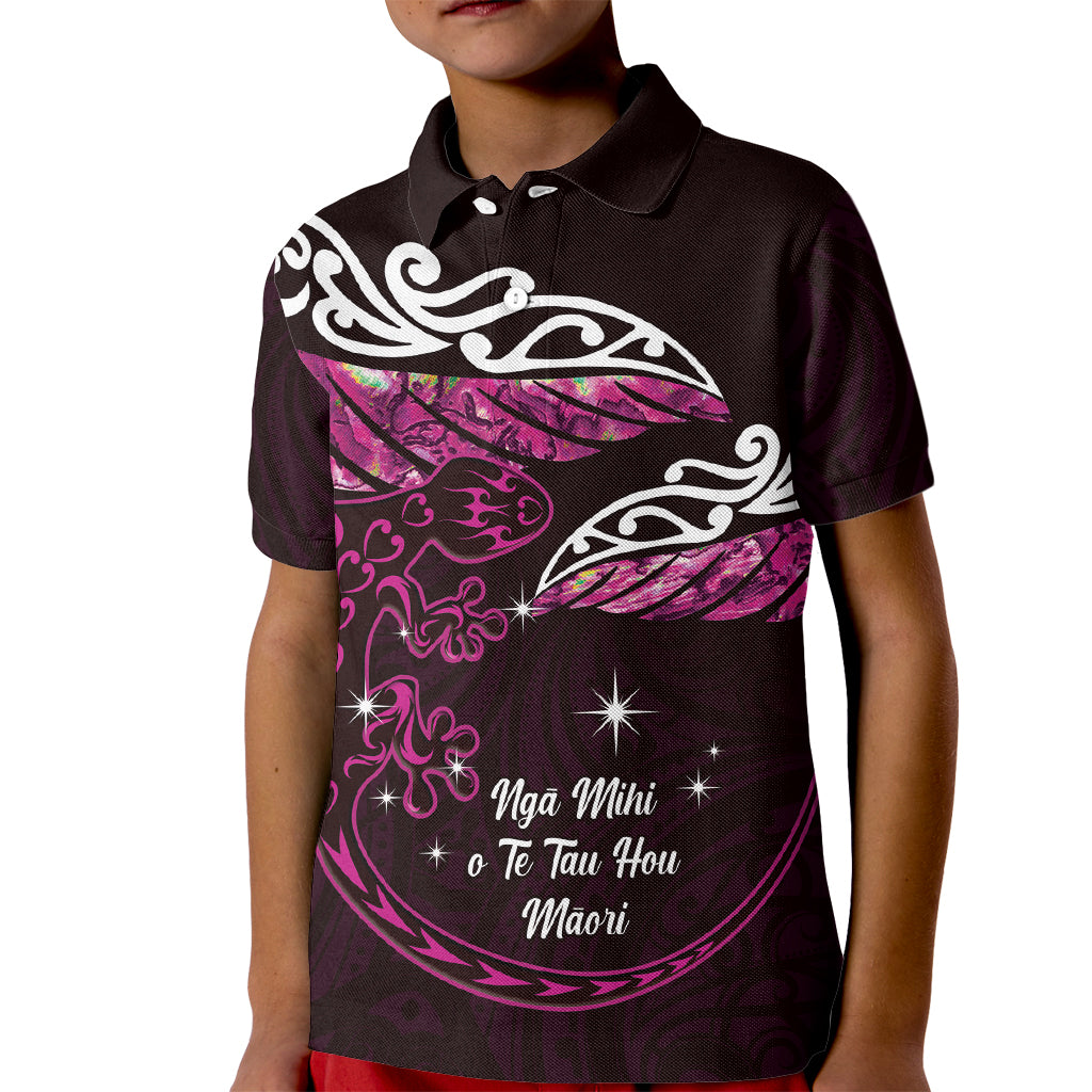 New Zealand Matariki Kid Polo Shirt Maori New Year Silver Fern And Lizard - Pink