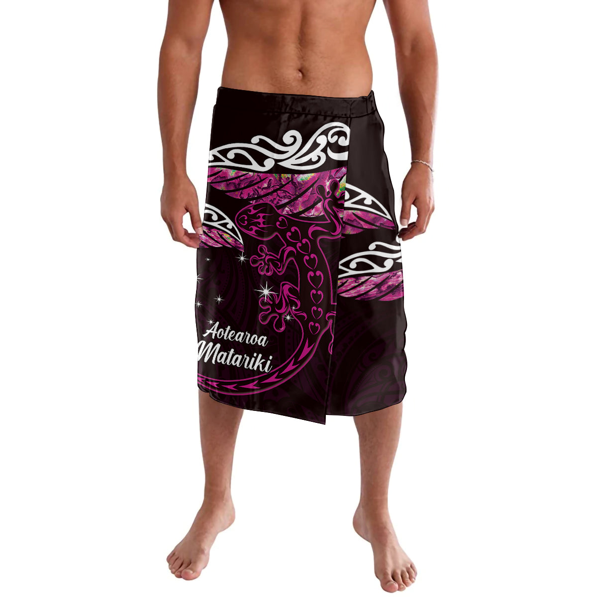 New Zealand Matariki Lavalava Maori New Year Silver Fern And Lizard - Pink LT14 Pink - Polynesian Pride
