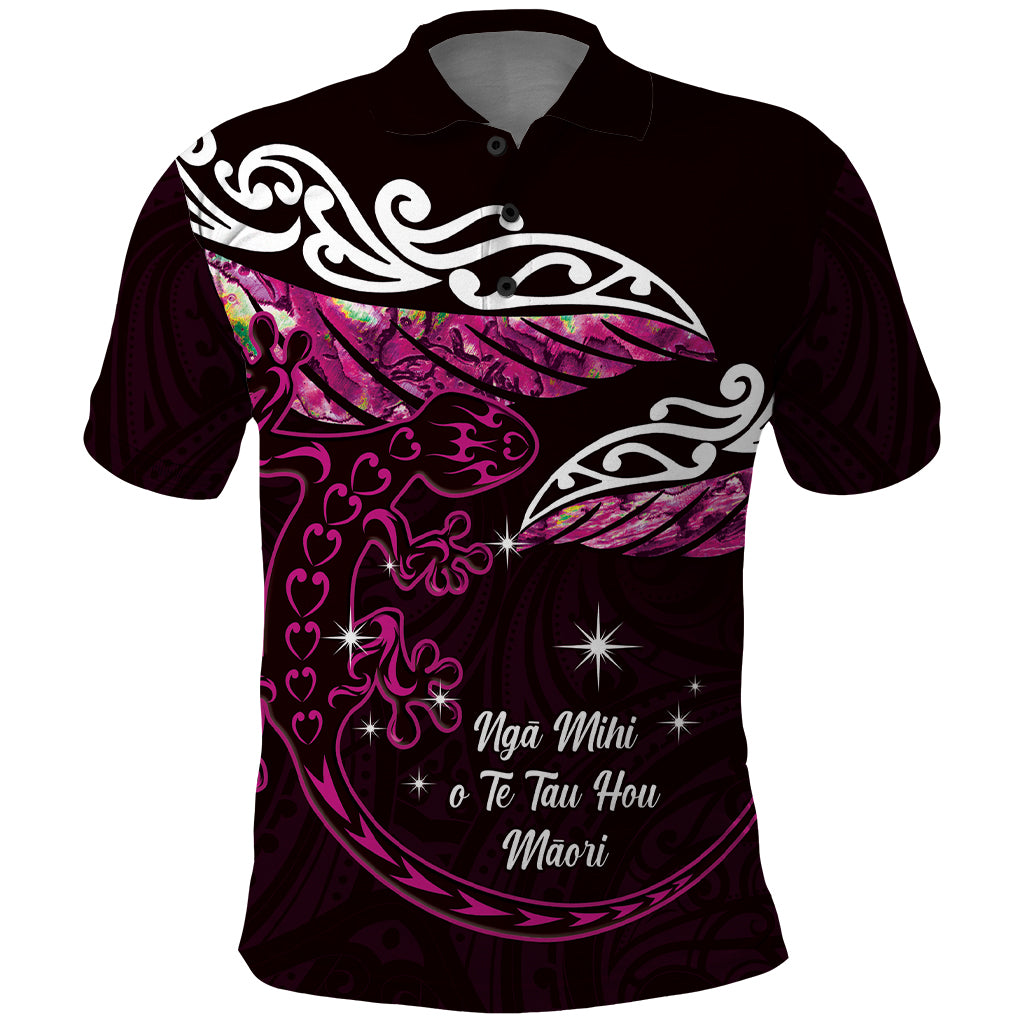 New Zealand Matariki Polo Shirt Maori New Year Silver Fern And Lizard - Pink